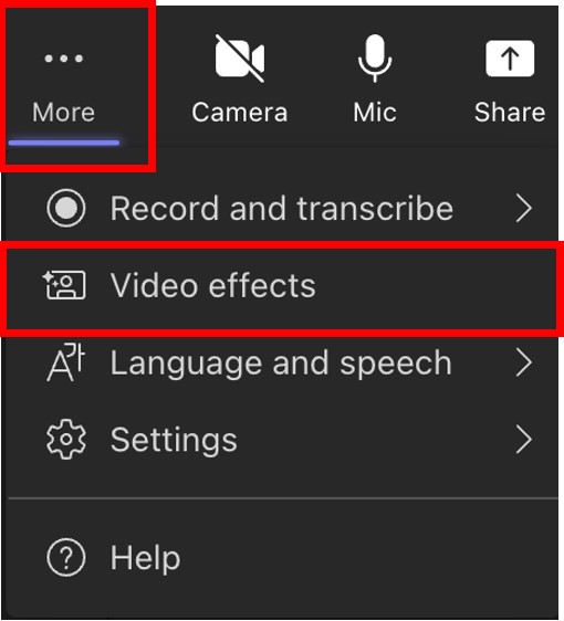 Screenshot of navigating to "video effects" in Microsoft Teams